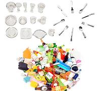 XHBTS 35 Pieces Scale Miniatures Dollhouse Kitchen Accessories Include 12 Mini Doll Plates Knife Fork Spoon, 10 Mini Wine Bottles Champagne Cups, 13 Mini Tea Cup Set for Dollhouse Decor