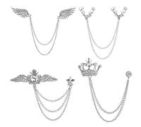 XHBTS 4 Pcs Deer Head Double Link Chains, Rhinestone Metal Feather Lapel Pin, Crown With Hanging Chain Brooch Collar Pins, Eagle Crystal Chain Brooch Pin for Tie Hat Scarf (Silver)
