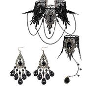 XHBTS 4 Pcs Gothic Choker Set with Black Beaded Pendant, Lace Bracelet, Ring and Earring for Party, Wedding, Halloween