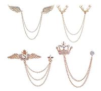 XHBTS 4pcs Apparel Pin Set: Deer Head Chains, Rhinestone Feather, Crown Brooch, Eagle Crystal for Tie Hat Scarf (Gold)
