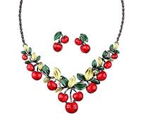 XHBTS Cute Fruit Cherry Earrings Necklace Set for Women Dripping oil Red Cherry Hoop Earrings Cherry Pendant Necklace for Girls
