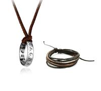 XHBTS Uncharted 4 Drake Engraved Ring Pendant Necklace with Brown Leather Chain and Leather Bracelet and 20 Pcs Uncharted Waterproof Cute Fashion Stickers