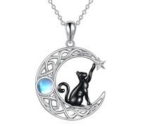 XHBYINFO Moonstone Black Cat On Moon Animal Necklace Celtic Knot Crescent Pendant Necklaces for Women, Stainless Steel, No Gemstone