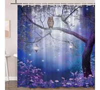 XHCEOH Moon Owl Shower Curtain Enchanted Forest Bird Flower Fantasy Fairy Trees Butterfly Night Sky Scenery Polyester Fabric Bathroom Decor Curtains Set with Hooks
