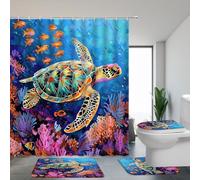 XHCEOH Sea Turtle Shower Curtain 4Pcs Set Cute Abstract Geometry Boho Animals Farm African Strawberry Leaves Bathroom Decor Curtain(70x70)+Bath Mat(29.5x17.7)+U Shape and Toilet Lid Cover Mat