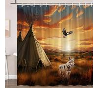 XHCEOH Tribal Shower Curtain Wolf Hill Eagle Native Western American Wildlife Tribes Natural Landscape Tent Wilderness Sunset Southwest Decor Fabric with Hooks, 70Wx70H inch