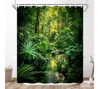 XHCEOH Tropical Rainforest Shower Curtain Summer Jungle Plants Green Leaves Misty Forest Waterfall Landscape Farmhouse Country Rural Rustic Decor Fabric with Hooks, 70Wx70H inch