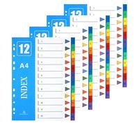 XHDA 1-12 Part Dividers A4, 4 Pack Multi-Colour Plastic A4 Index Folder Subject Dividers, 11-Holes Lever Arch Files Dividers Ring Binders for Office School
