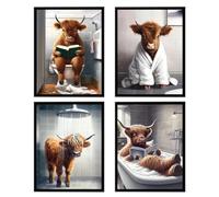 Xheanyu 4Pcs Highland Cow Funny Bathroom Decor Wall Art, Highland Cow Art Prints, Funny Bathroom Signs Animal Canvas Wall Art, Rustic Farmhouse Bathrooms Wall Decor 8X10In Unframed