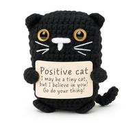 Xheemzce Crochet Black Cat Plush, Handmade Mini Gift with Inspirational Card for Emotional Support, Animal Decor for Cat Lovers Desk Shelf Display