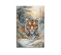 XHHOKA Bengal Tiger Wildlife Forest Watercolor Poster with Snowy Landscape And Sunlit Mountains Decorative Canvas Wall & Art Poster Painting 16x24inch(40x60cm)