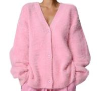 XHHPJ Women's Fuzzy Mohair Sweater Button Down V Neck Long Sleeve Knit Tops Casual Lightweight Cardigan Jackets (5,L)