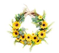 XHONG 17.7inch Artificial Sunflower Wreath Spring Summer Faux Floral Wreath Large Fake Flower Wreath with Yellow Sunflower and Green Leaves for Front Door Indoor Wall Décor