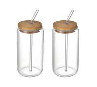 XHONG 2 Pack Beer Can Glass, Can Shaped Glasses,Tumbler Beer Glasses ,Iced Coffee Glasses with Bamboo Lids and Glass Straw ,Suitable for Juice, Beer, soda, iced Drinks and Cocktails, Transparent