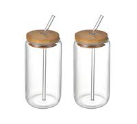 XHONG 2 Pack Beer Can Glass, Can Shaped Glasses,Tumbler Beer Glasses ,Iced Coffee Glasses with Bamboo Lids and Glass Straw ,Suitable for Juice, Beer, soda, iced Drinks and Cocktails, Transparent