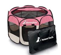 XhuangTech 31.5"x31.5"x23" Soft Fabric Portable Foldable Pet Dog Cat Puppy Playpen, Indoor/Outdoor use Pet Kennel Cage Travel Pet Carrier + Carrying Case (Pink & Beige)