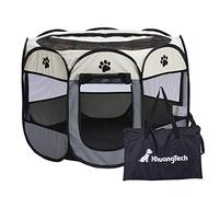 XhuangTech Soft Fabric Portable Foldable Pet Dog Cat Puppy Playpen, Indoor/Outdoor use Pet Kennel Cage Travel Pet Carrier + Carrying Case… (Grey & Beige-2)