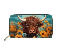 Xhuibop Highland Cow Wallet for Women Large Purse Sunflower Long Womens Leather Wallet with Zipper Ladies Wallet Card Holder Money Organizer, Sunflower Highland Cow, One Size, Casual