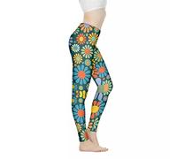 Xhuibop Women Yoga Pants Tummy Control Workout Leggings Stretch Fitness Tights Butt Lifting, Hippie Flower Daisy Blossom, Large