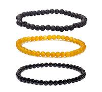 XHUUU 3Pcs Agate Friendship Couples Bracelets Chakra Stones Crystals Stretch Meditation 4mm Beaded Bracelets for Women (Lava Stone/Yellow Agate/Black Agate)