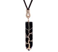 XHUUU Reiki Tree of Life Wire Wrapped Crystals Sword Shape Pendant Necklace Energy Balance Meditation Handmade Necklaces for Women and Men, Crystal, Obsidian