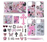 XHYMIA Junk Case Charms Kit, Junk Phone Case with Big Charms, Nail Bow Pearl Flatback Resin Charm for DIY Crafts Silver Pink