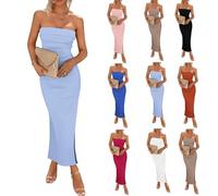 XIALIN Women's Bodycon Maxi Tube Dress 2024 Summer Strapless Side Slit Long Going Out Casual Elegant Strapless Sexy Party Dresses (UK, Alpha, M, Regular, Regular, Light Blue)