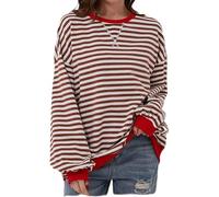 XIALIN Womens Oversized Classic Striped Crewneck Sweatshirts Long Sleeve Color Block Shirts Casual Tops (UK, Alpha, S, Regular, Regular, Brown)