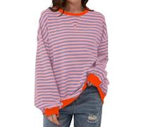 XIALIN Womens Oversized Classic Striped Crewneck Sweatshirts Long Sleeve Color Block Shirts Casual Tops (UK, Alpha, S, Regular, Regular, Orange)