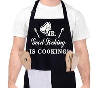 Xialvyu Funny Aprons for Men, MR Good Looking is Cooking, Professional Kitchen Cooking Apron Chef Husband Bib Aprons with Double Pocket Adjustable for Father's Day Birthday Gift