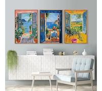XIANGPEIFBH Abstract Window Scenery Canvas Painting Modern Bohemian Style Coastal Window View Art Posters Bedroom Home Decor(50x75cm(20x30inch) x3/Inner-Frame)