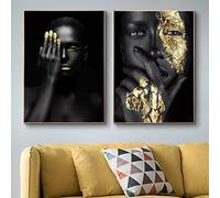 XIANGPEIFBH Africa Black Woman Gold Lips Eyes Portrait Canvas Painting Poster and Prints Wall Art Picture for Living Room Pictures 60x80cm(24x32in) x2 Unframed