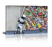 XIANGPEIFBH Banksy Style - Little Boy Pulls Curtain - Graffiti Canvas Wall Art Framed Print Various Sizes Giclee Artwork Home Decor 70x105cm(27x41in) With Frame