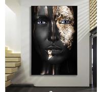 XIANGPEIFBH Black Girl With Golden Makeup Canvas Paintings Modern Wall Art Posters And Prints African Woman Wall Pictures Decoration(60x90cm(24x36inch)/Internal Frame)