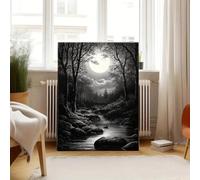 XIANGPEIFBH Canvas Poster Black And White Painting of The Moonlight Shining on an Enchante Artwork for Office Home Living Room Decor(80x120cm(32x48inch)/Unframed)