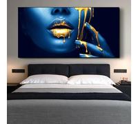 XIANGPEIFBH Gold Lips African Woman Canvas Paintings On The Wall Art Posters And Prints Half Face Black Girl Pictures for Living Room(75x150cm(30x60inch)/Unframed)