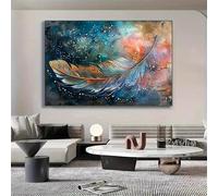 XIANGPEIFBH Vibrant Watercolor Feather Wall Art, Canvas Print - Modern Abstract Design with Golden & Blue Tones Picture for Home Decor 70x120cm/28x48inch Unframed