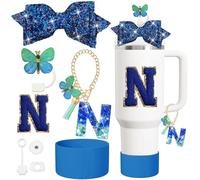 XIANGYUAN 8PCS Cup Accessories Set,Straw Cover Cap for Stanley Cup 30oz or 40oz,Sticker for Stanley Decorations,Initial Letter Charm Personalized (Blue N)