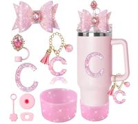XIANGYUAN 8PCS Pink Bling Accessories Set for Stanley Cup 30oz 40oz Tumbler with Handle,Including Silicone Straw Topper Cover Cap,Spill Proof Stopper,Handle Charm for Stanley Tumbler (Pink C)