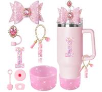 XIANGYUAN 8PCS Pink Bling Accessories Set for Stanley Cup 30oz 40oz Tumbler with Handle,Including Silicone Straw Topper Cover Cap,Spill Proof Stopper,Handle Charm for Stanley Tumbler (Pink I)