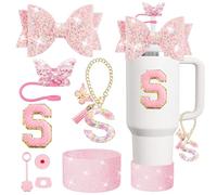 XIANGYUAN 8PCS Stanley Cup Accessories Set for Stanley Cup 30oz 40oz Tumbler with Handle,Including Straw Topper Cover Cap and Boot,Spill Proof Stopper,Handle Charm,Initials Sticker (Pink S)