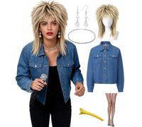 xianhsuxo 6PC Full Set 80's Rock Diva Costume And Props 80s Rocker Wig,Hairpin,Necklace,Earring,Stockings Cosplay (XL)