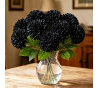XIANNVXI 12 Pcs Black Artificial Chrysanthemum Flowers Ball with Stems | Decorative Fake Faux Foam Chrysanthemum Dahlia Plants,Black Halloween Flowers for Indoor Outdoor,Witchy Gothic Decor DIY