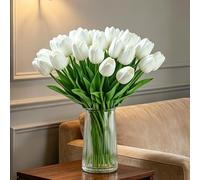 XIANNVXI 20 Pcs Artificial White Tulips White Flowers Silk Tulips Funeral Flowers Decorative Fake Faux Spring Flowers Wedding Bouquet for Bride Mothers Day Easter Decorations Indoor 14 Inch