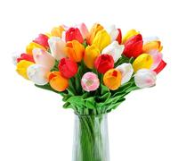 XIANNVXI 20pcs 5 Colour Assorted Artificial Tulip Flowers Faux Fake Tulips Decorative Silk Flowers for Indoor Spring Kitchen Wedding Bouquet Rome Decor 14 Inch