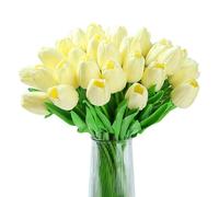 XIANNVXI 20pcs Beige White Tulips Artificial Tulip Flowers Silk Tulips Decorative Fake Faux Beige White Flowers for Indoor Spring Kitchen Wedding Bouquet Rome Decor 14 Inch