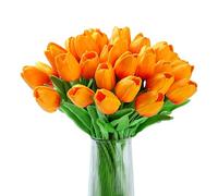 XIANNVXI 20pcs Orange Tulips Artificial Tulip Flowers Silk Tulips Decorative Fake Faux Orange Flowers for Indoor Spring Kitchen Wedding Bouquet Rome Decor 14 Inch