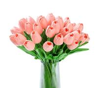 XIANNVXI 20pcs Pink Tulips Artificial Tulip Flowers Silk Tulips Decorative Fake Faux Pink Flowers for Indoor Spring Kitchen Wedding Bouquet Rome Decor 14 Inch