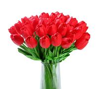 XIANNVXI 20pcs Red Tulips Artificial Tulip Flowers Silk Tulips Decorative Fake Faux Red Flowers for Indoor Spring Kitchen Wedding Bouquet Rome Decor 14 Inch