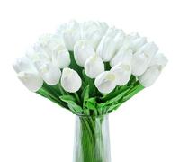 XIANNVXI 20pcs White Tulips Artificial Tulip Silk Tulips Funeral Flowers Decorative Fake Faux White Flowers for Indoor Spring Kitchen Wedding Bouquet Rome Decor 14 Inch
